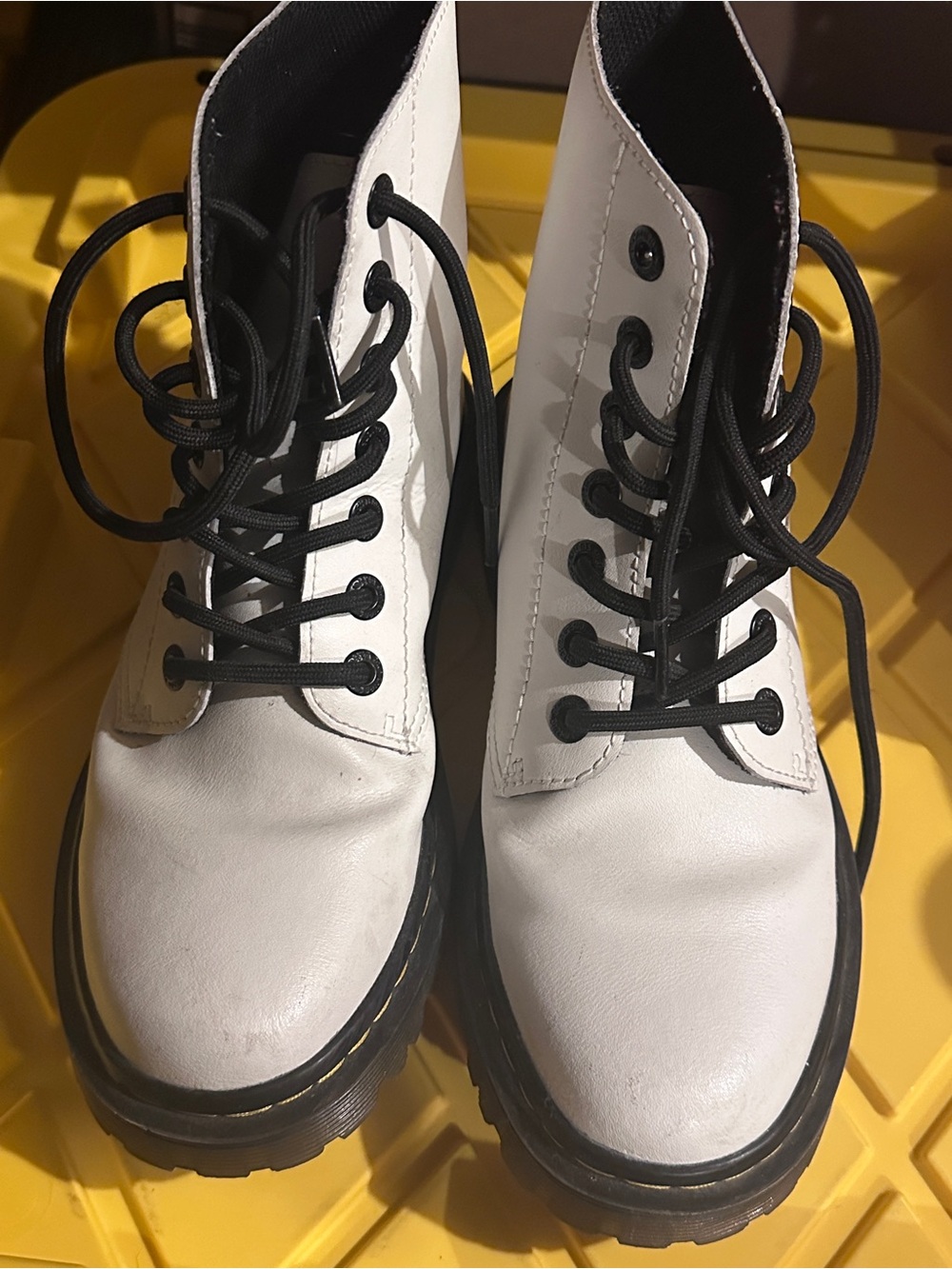Dr. Martens White Leather Combat Boots with Black Laces